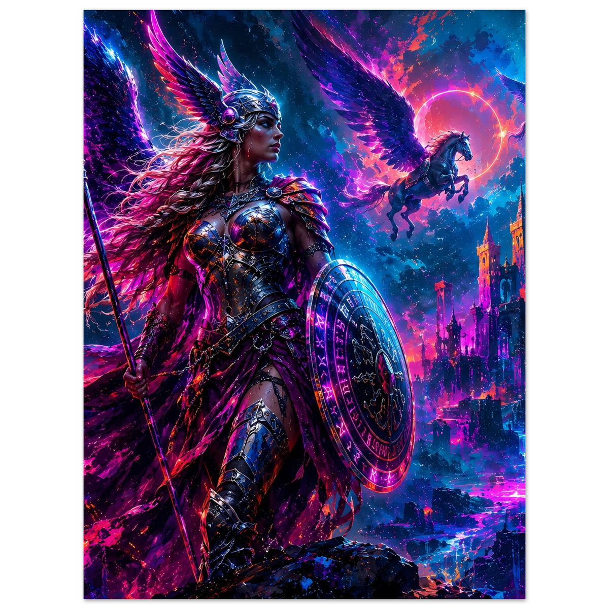 Fantasy-Poster: Walküre in Rüstung mit Speer und rundem Schild, lila-blauer Hintergrund