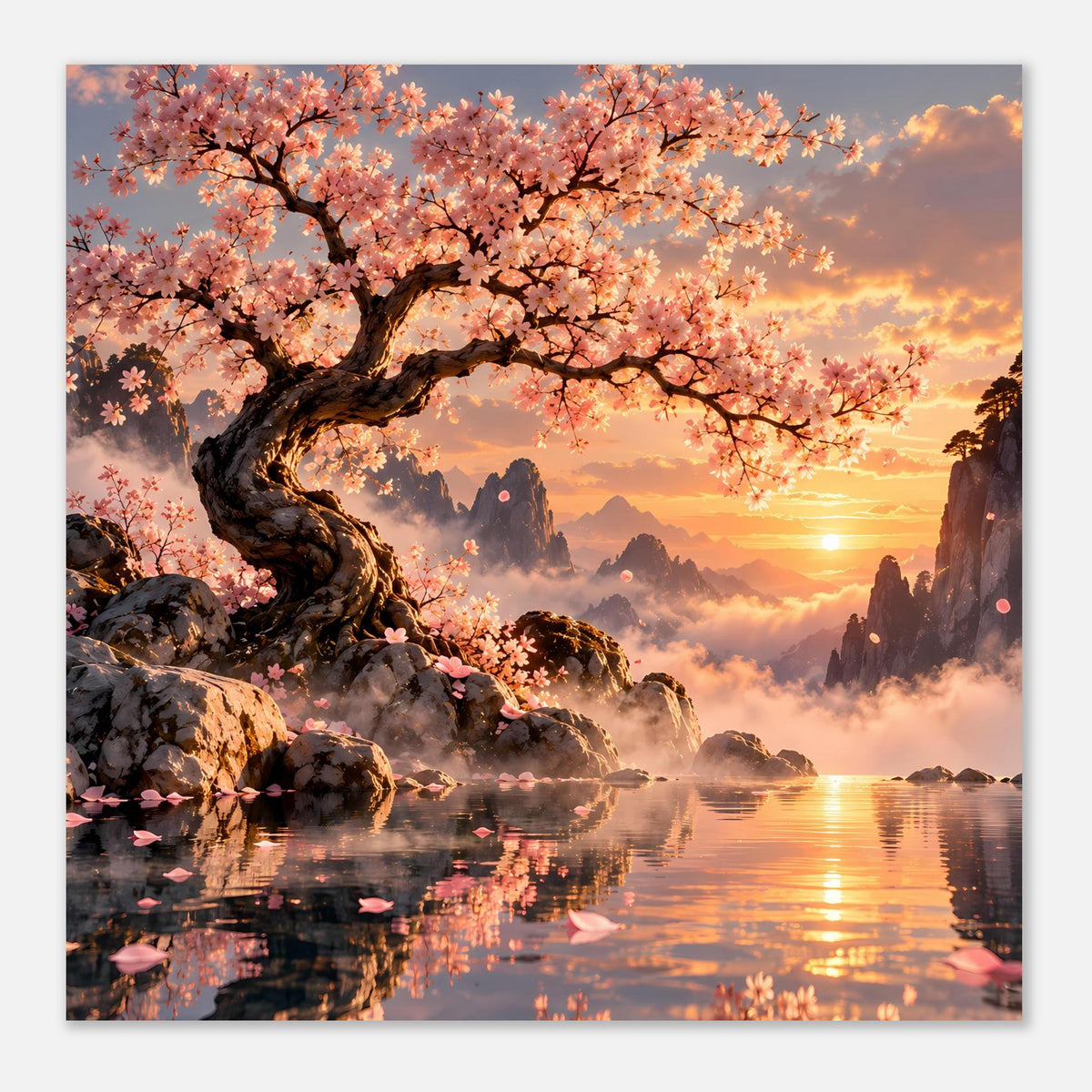 Vertikales Poster mit Kirschbaum und rosa Blüten, Bergsilhouetten und Sonnenreflexen im See