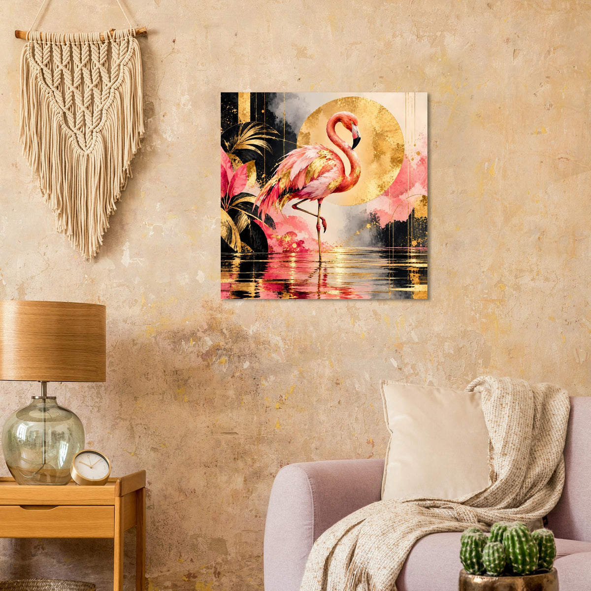 Flamingo-Tierposter mit goldener Kreisfläche, Pinkem Flamingo und Wasserreflexion