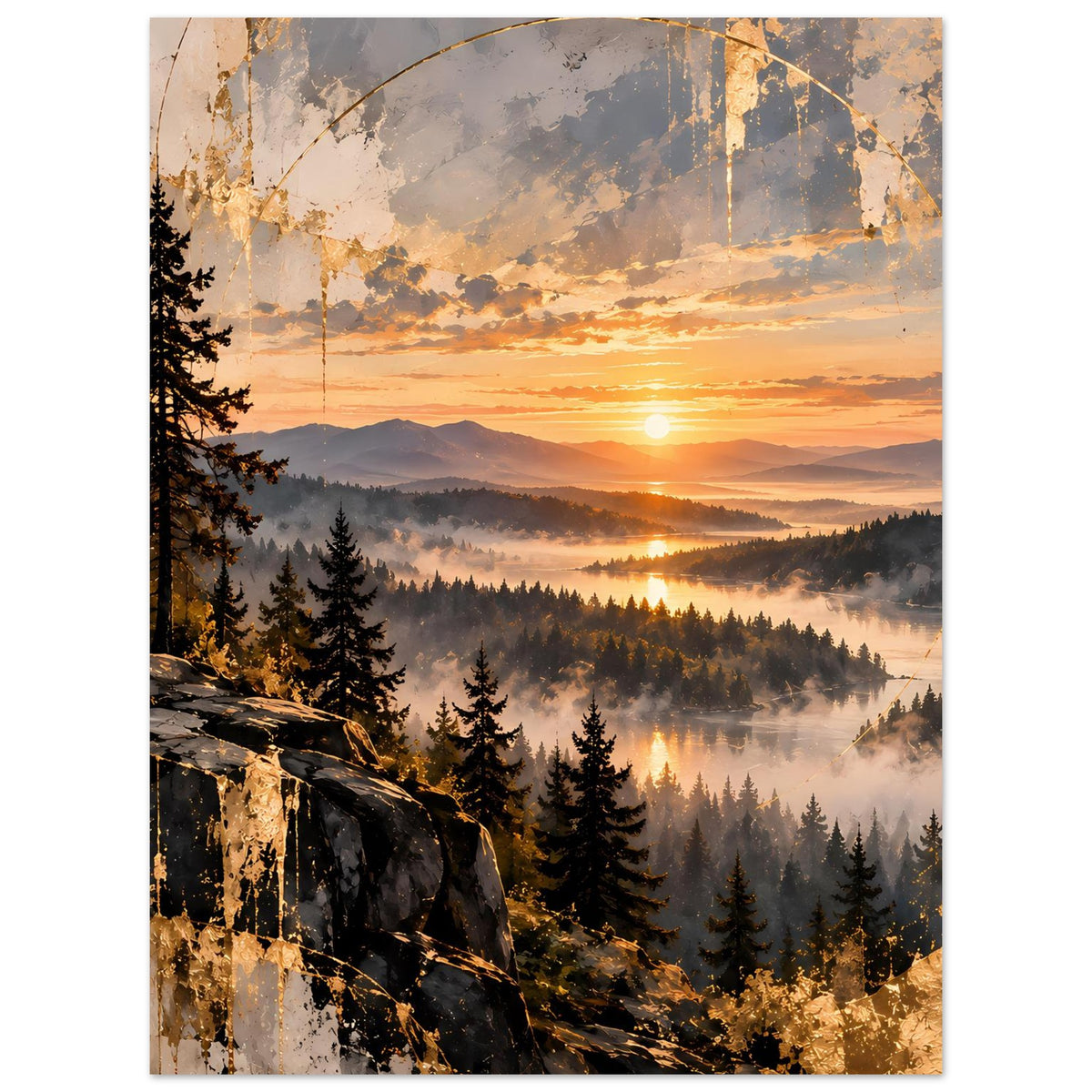 Landschaftsposter: Sonnenaufgang mit Nebel, Berge, Nadelwald und dunkler Felskante vorn