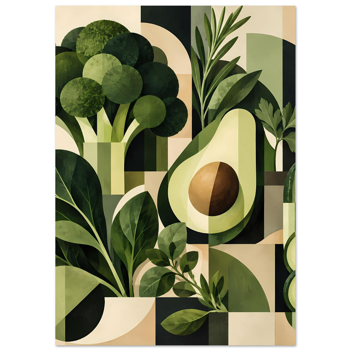 Geometrisches Poster mit Avocado und grünen Blättern, stilisierte Kräuter (hochformat).