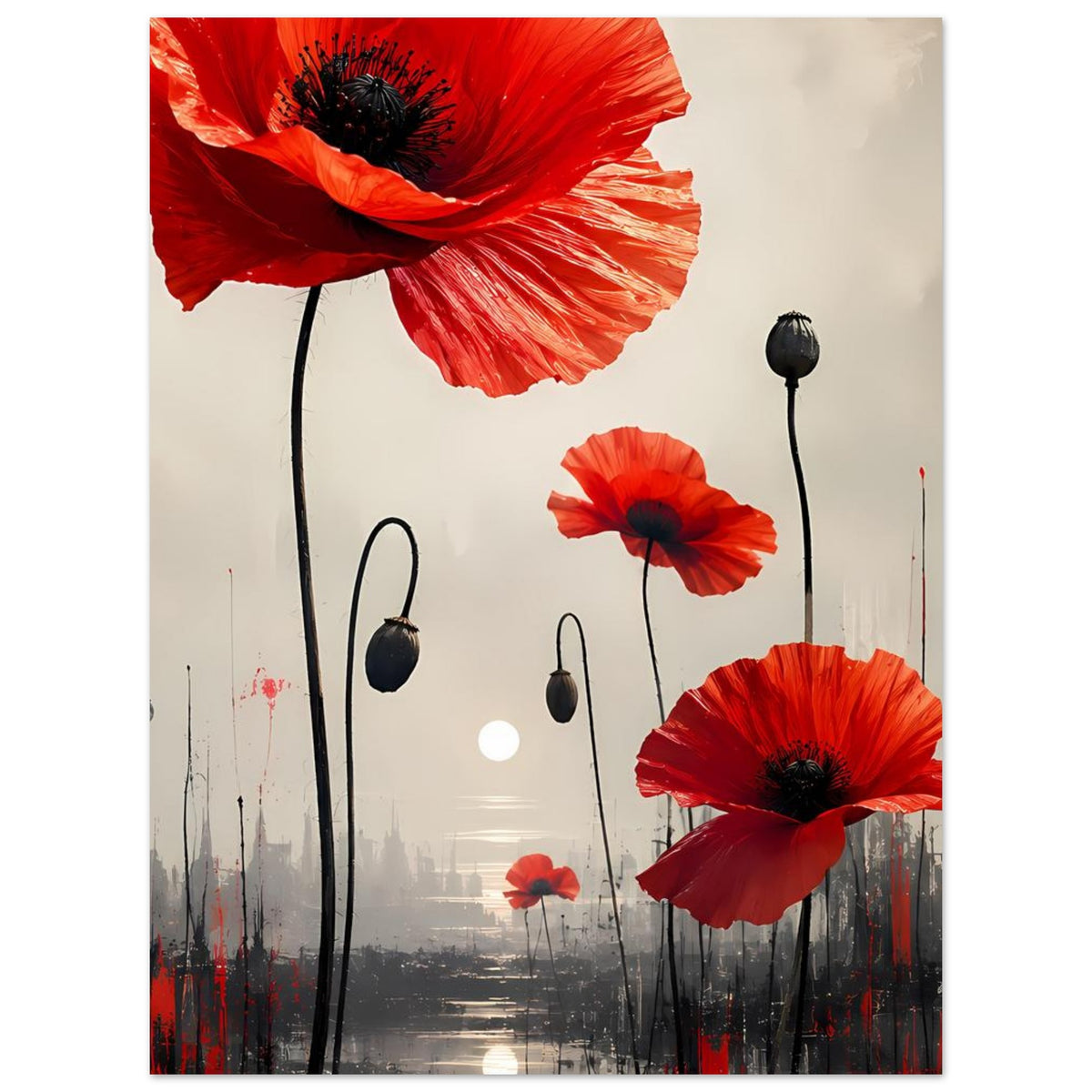 Poster mit roten Mohnblumen, einer großen Blüte oben und mehreren kleineren Blüten