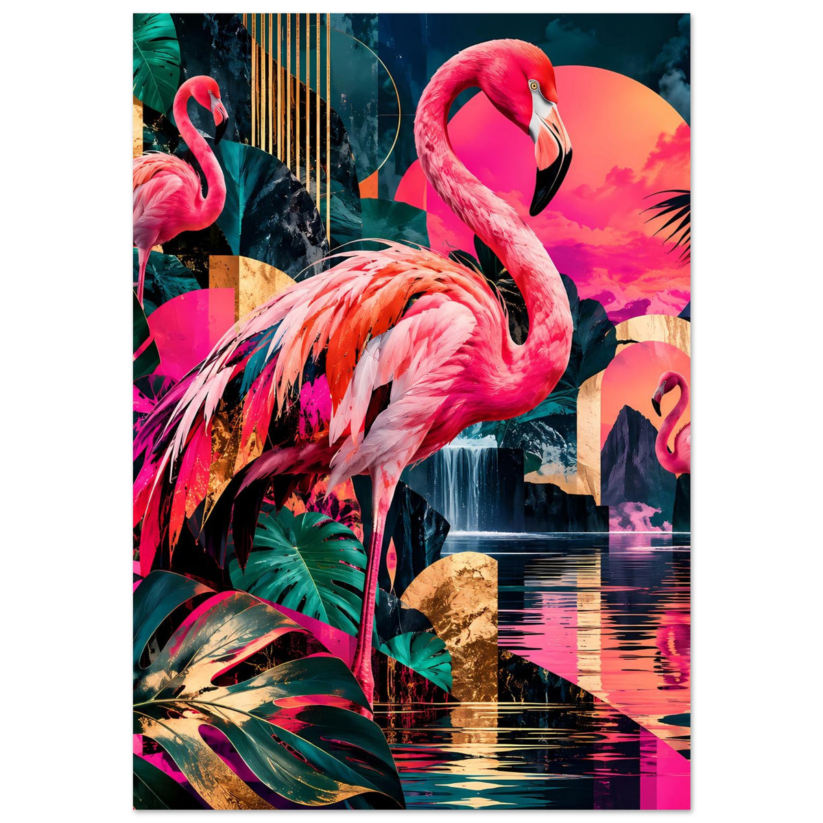 Poster mit Flamingo im Vordergrund, tropischem Laub und knalliger Farbkollage