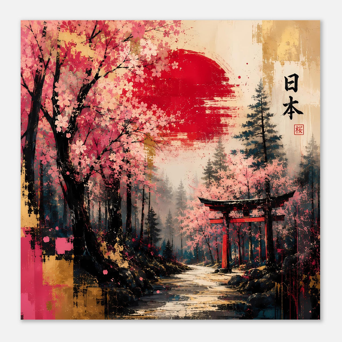 Querformat-Poster: Kirschblüten, roter Halbkreis-Farbbalken und Torii im Nebelwald