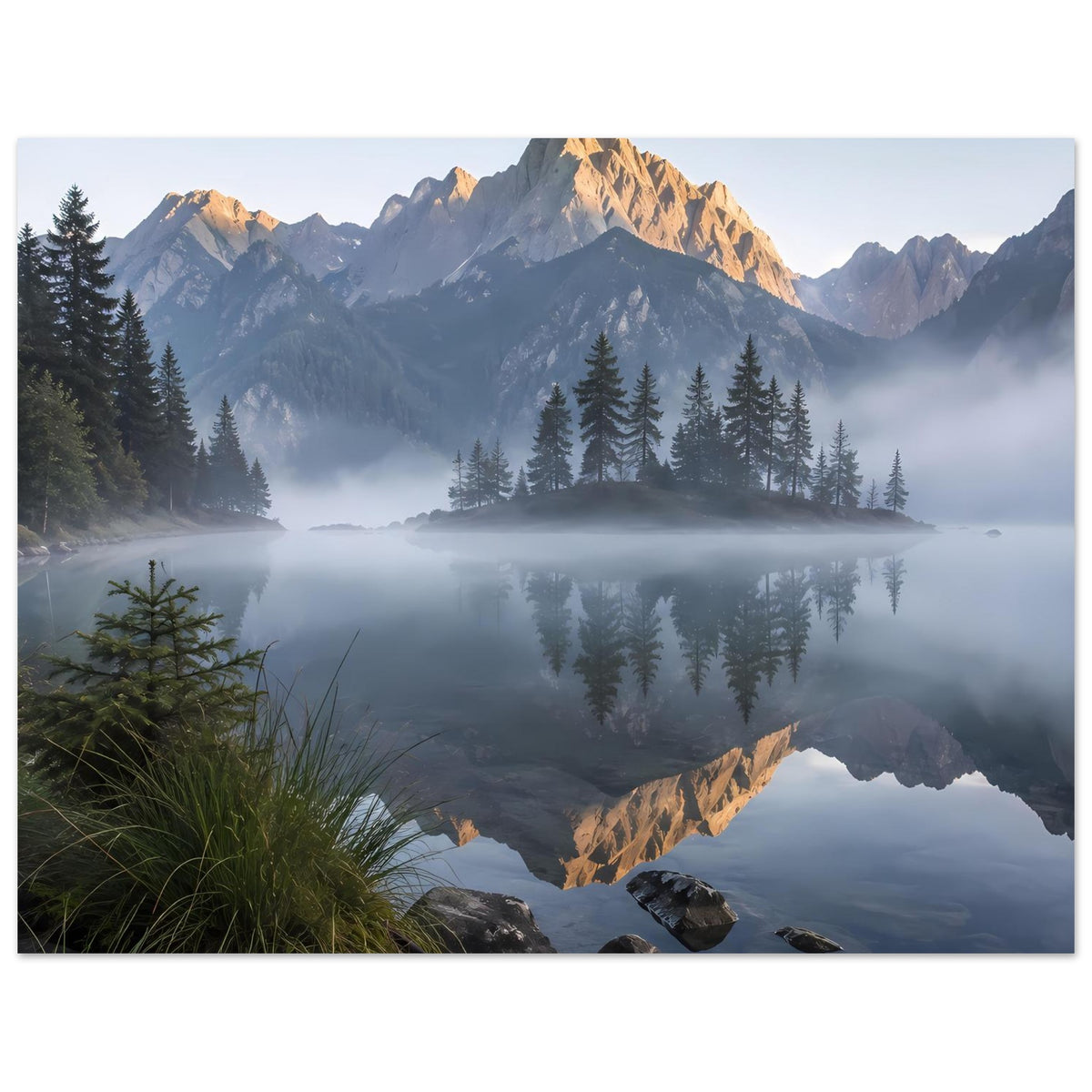 Horizontales Poster mit Bergsee-Spiegelung, Nebel und Tannenwald am Ufer