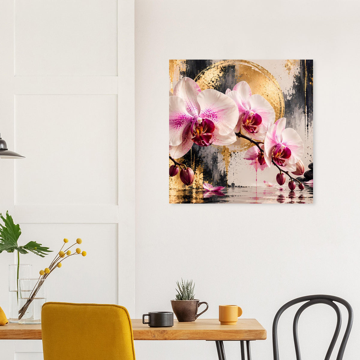 Orchideen-Poster mit großen rosa Orchideen, goldenem Kreis und dunklen Pinselstrichen