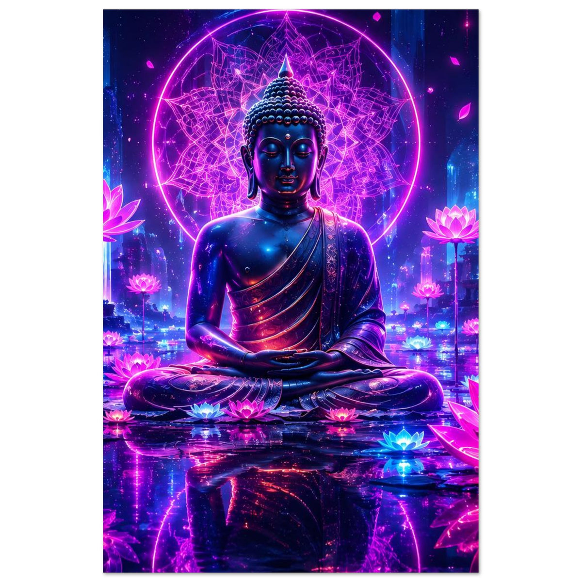 Meditations-Buddha auf Lotusblüten, zentral mit neon leuchtendem Kreis hinter dem Kopf