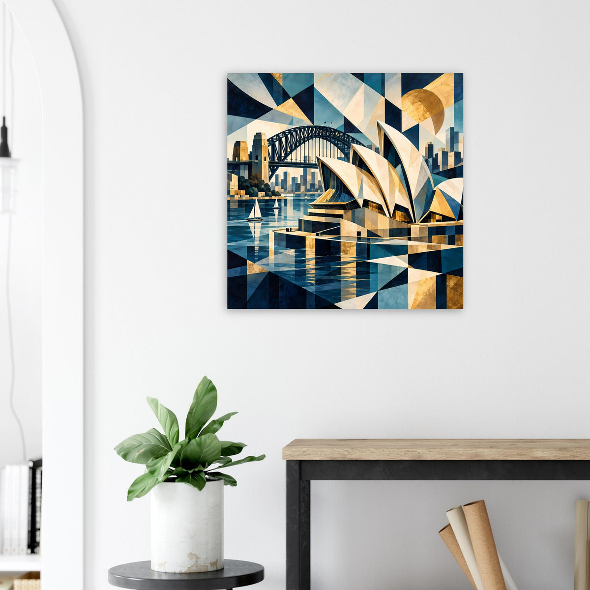 Quadratisches Poster mit geometrischer Stadt-Hafen-Szene und Brücke in Blau und Beige