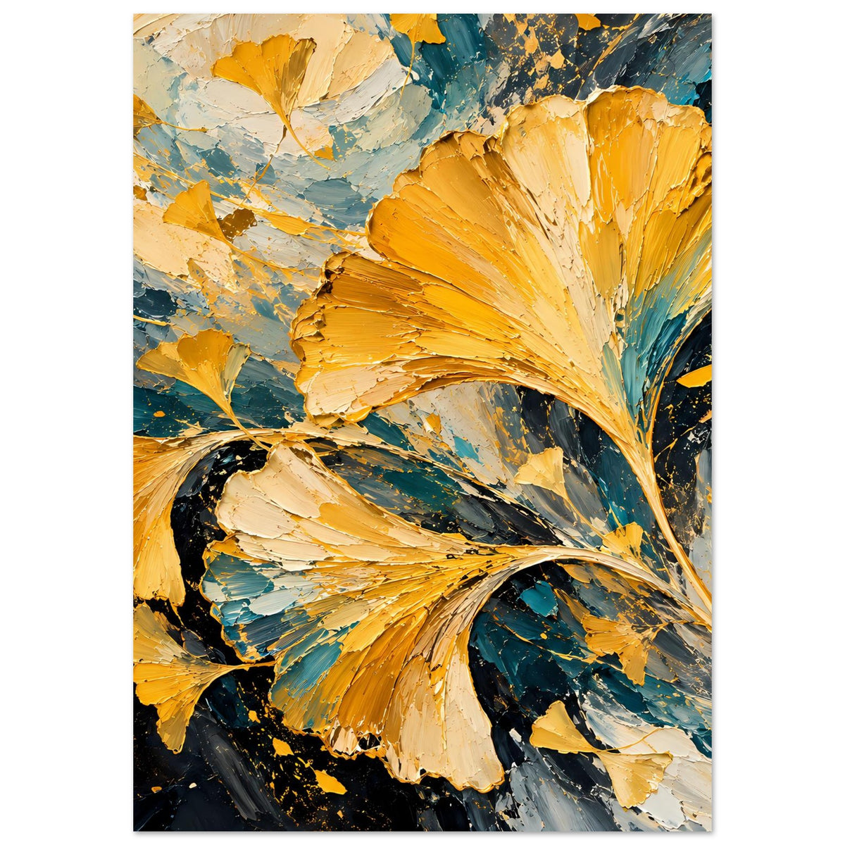 Abstraktes Ginkgo-Blätter-Poster im Hochformat, goldener Stamm mit blaugrünen Spritzmustern