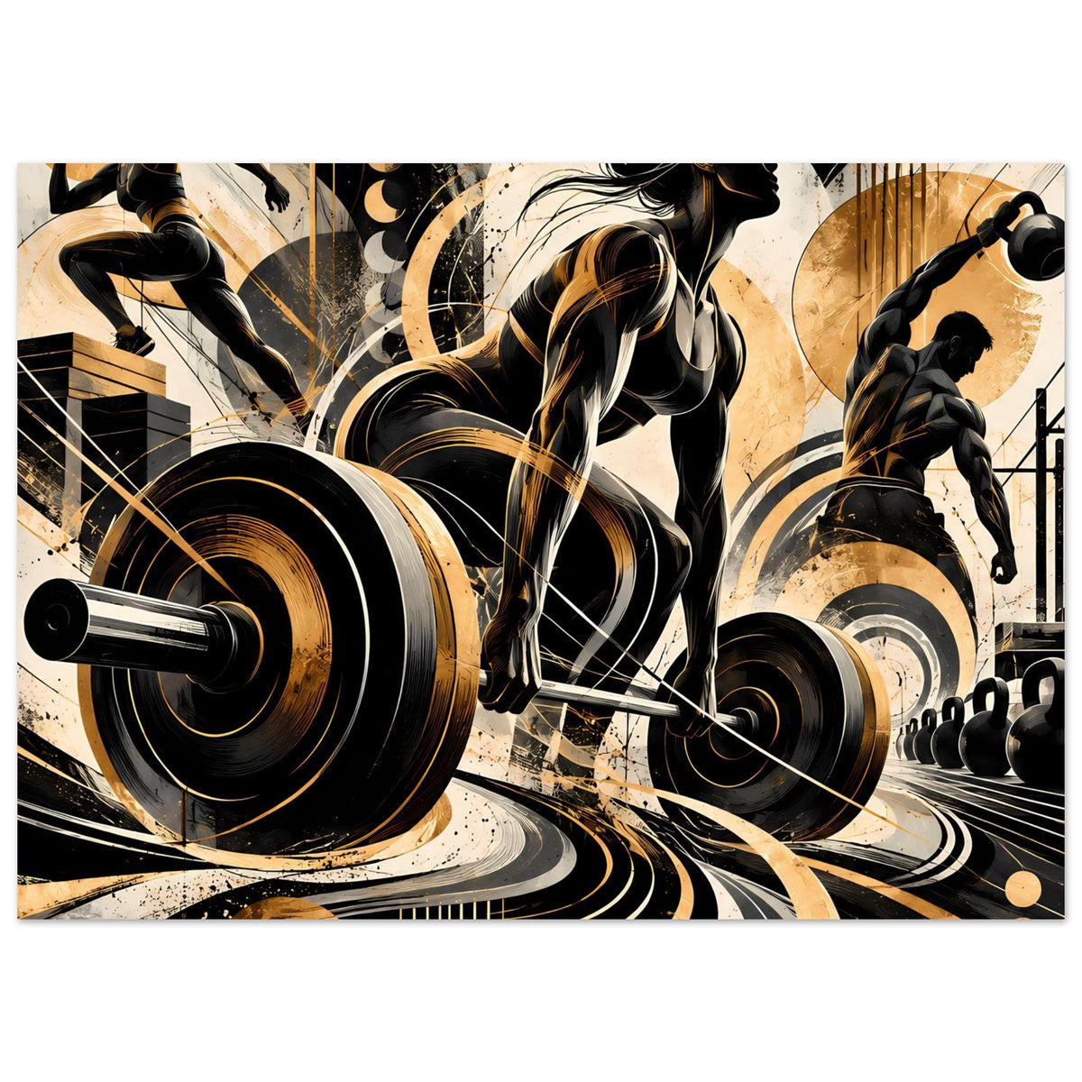 Fitness-Actionposter, horizontales Motiv mit drei Sportlern beim Heben von Langhanteln in Gold/Schwarz