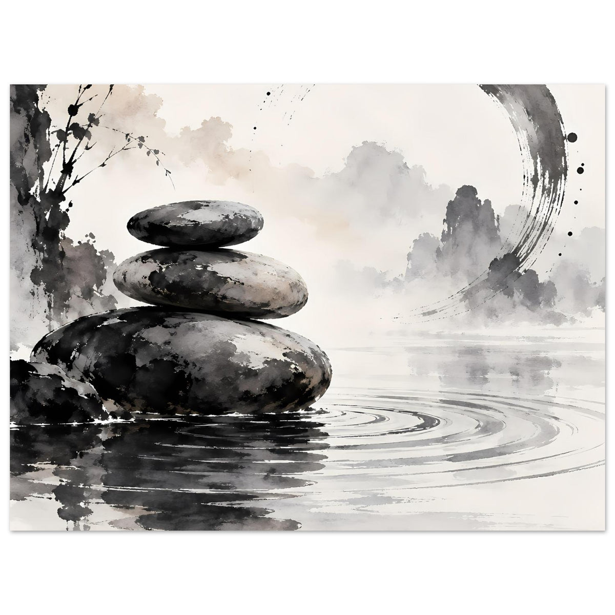 Zen-Balance-Poster: drei schwarze Steine, Kreisbogen oben rechts, Wasserreflexion, Schwarz-Weiß