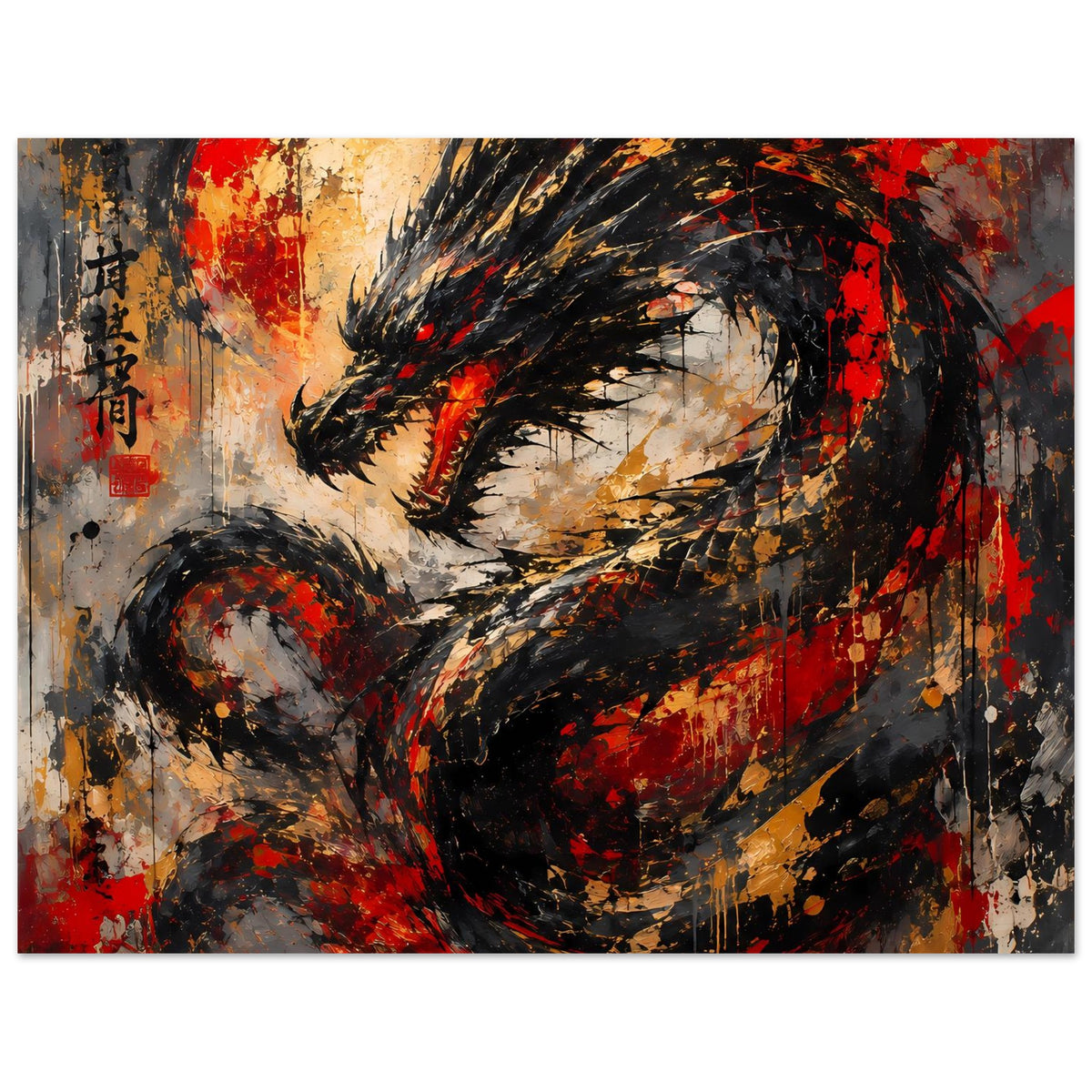 Abstraktes Drachen-Poster, Rot, Schwarz und Beige, kräftige Farbschichten