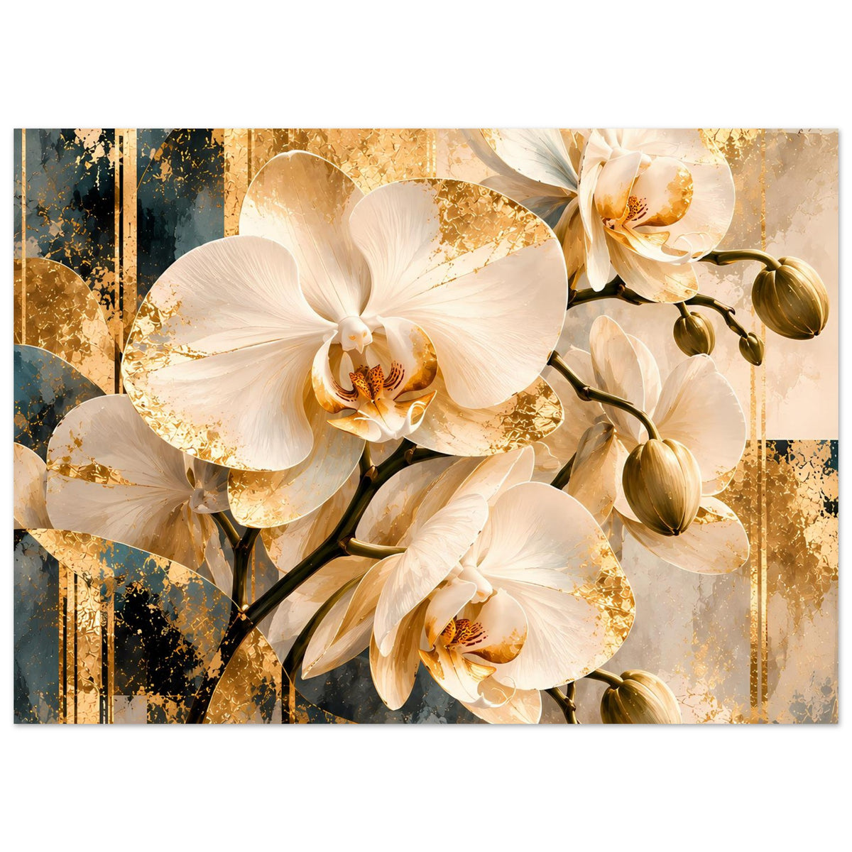 Wandposter mit großen weißen Orchideenblüten, goldenen Akzenten und Knospen