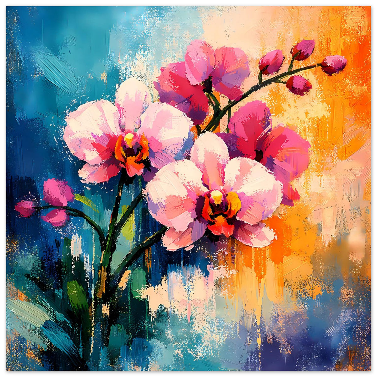 Blumenposter mit abstrakten Pfingstrosen/Orchideen in Pink, Weiß und Orange auf Leinwandlook