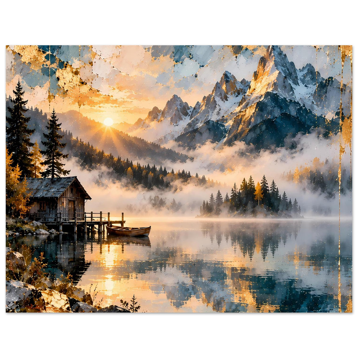 Horizontales Poster mit Bergsee, schneebedeckten Bergen, Sonnenaufgang und Wasserreflexion