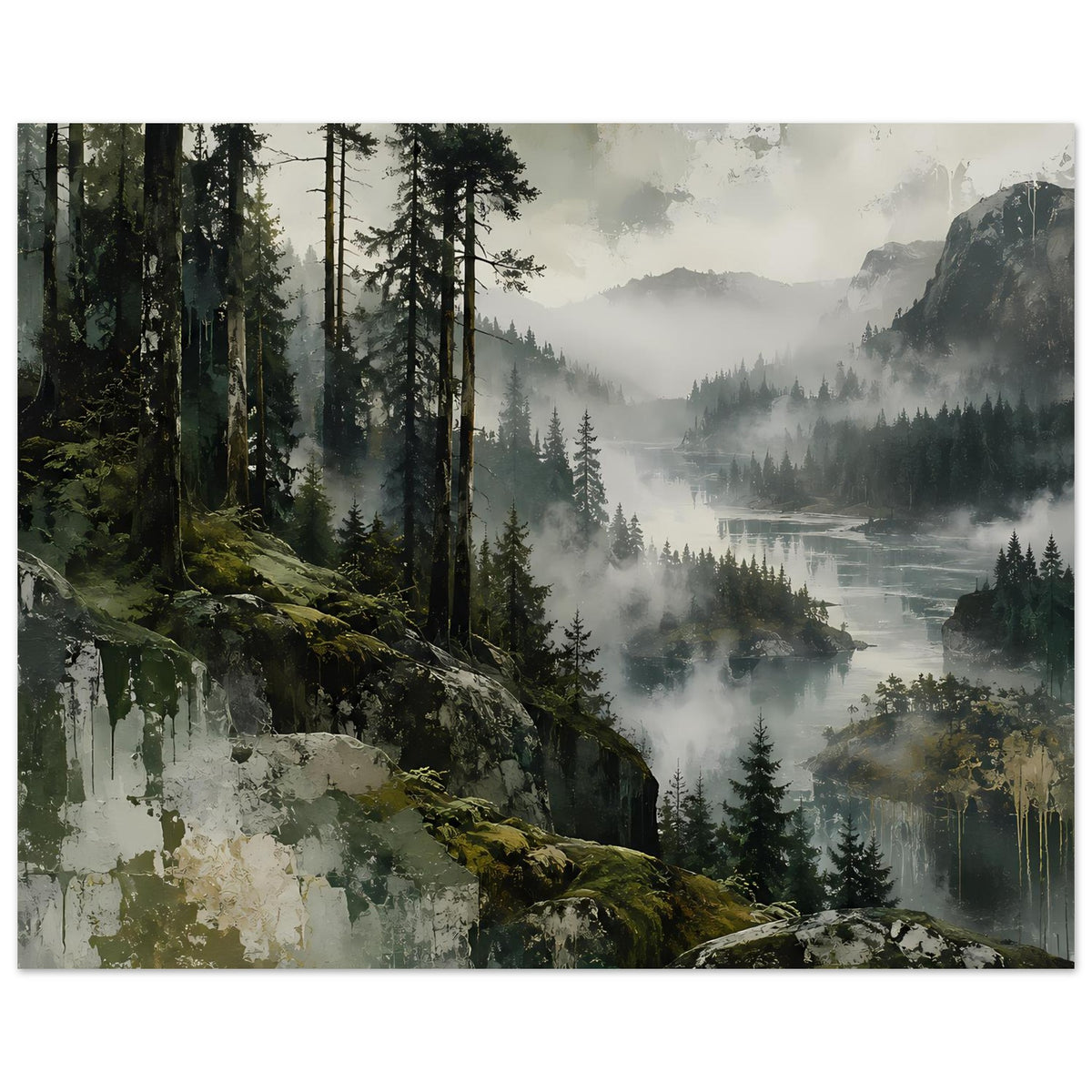 Horizontales Poster Waldlandschaft: Nebel, Nadelbäume, Wasser, Berge im Hintergrund