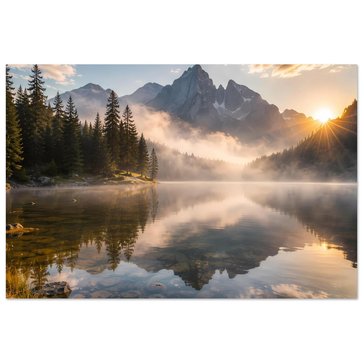 Querformatiges Wandposter: Berglandschaft mit See, Nebel und warmem Abendhimmel