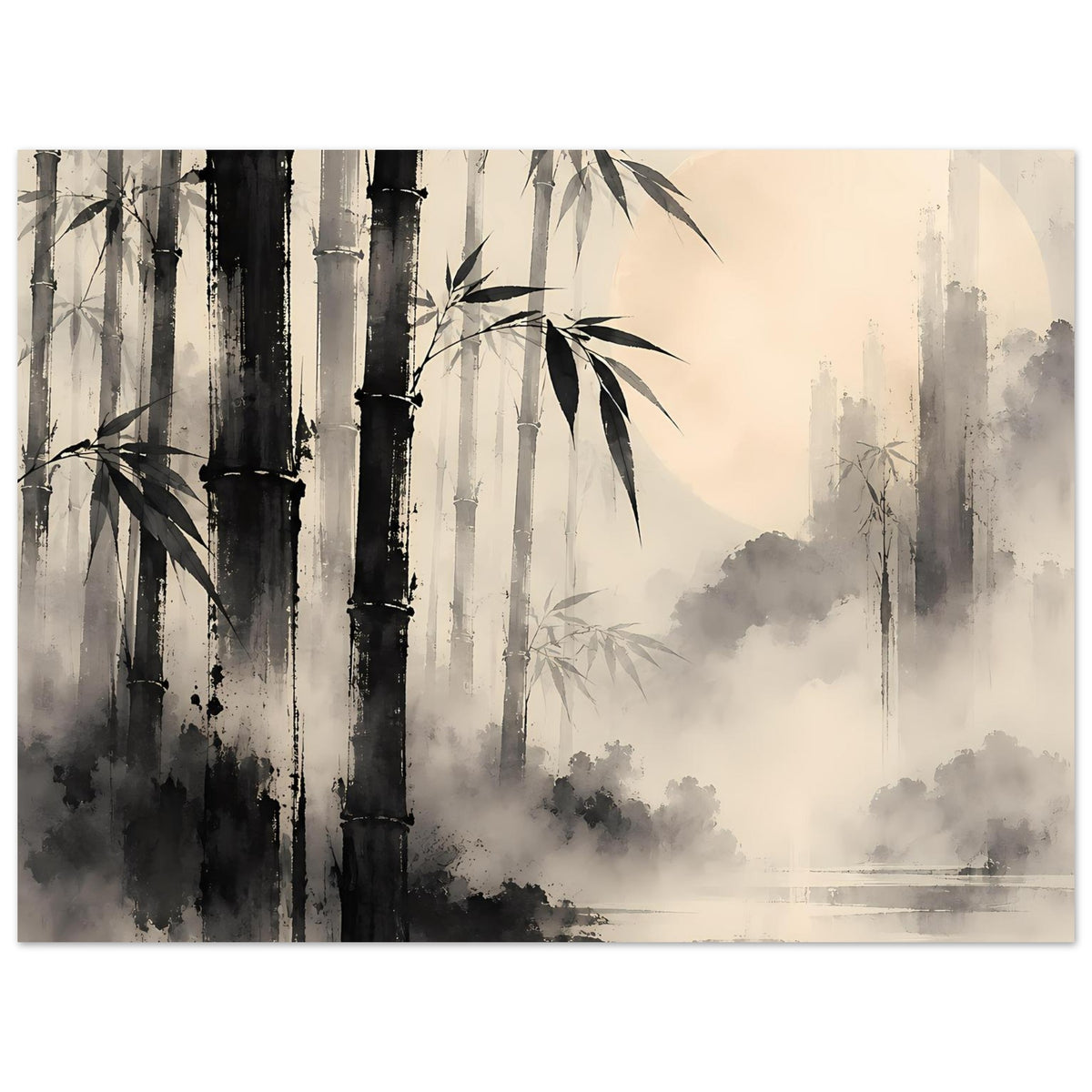 Poster mit Bambuswald-Motiv, Schwarzweiß-Tuschstil, Nebel über Wasserfläche