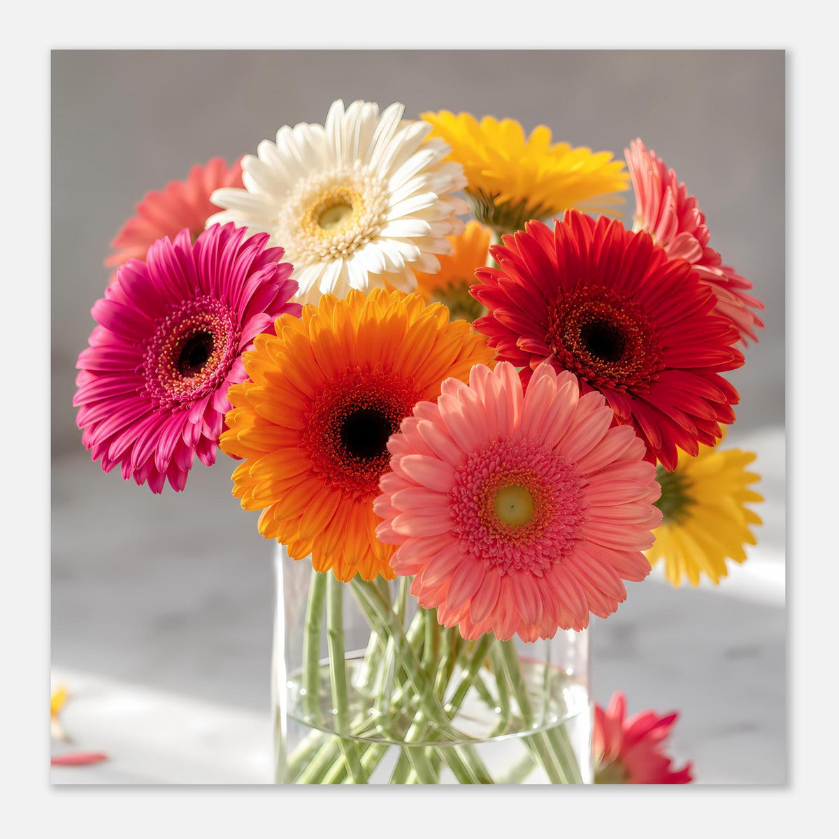 Poster mit Gerbera-Blumenstrauß: orange, pink und rote Blüten in Glasvase