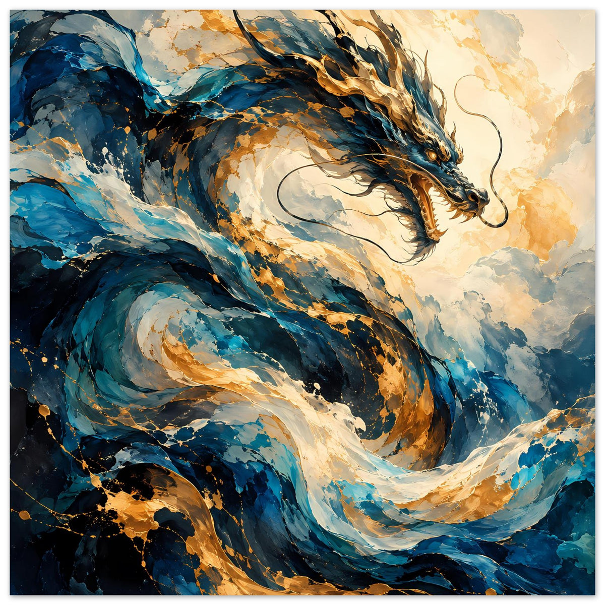 Fantasy-Drachenposter, Drachenkopf nah, Blau & Gold, kraftvolle Schwingung über den Flügeln