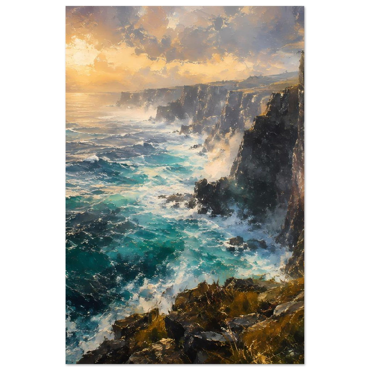 Poster mit Meerblick und Klippen, türkisgrüne Wellen, Brandungsschaum und goldenem Abendhimmel.