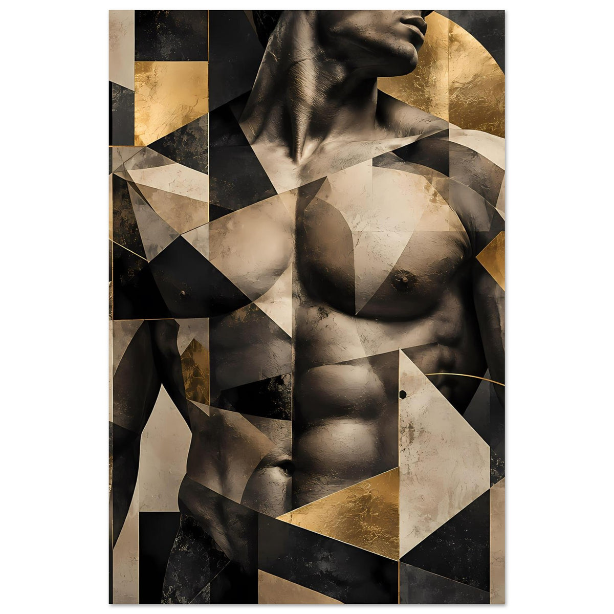 Abstraktes Aktkunst-Poster: stilisierte Figur im geometrischen Muster, schwarz-beige-gold