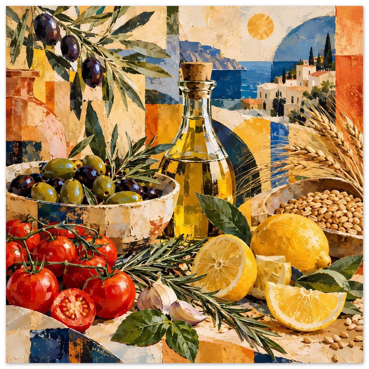 Kunstposter Stillleben mit Ölgflasche, Oliven, Tomaten, Zitronen und Weizenähren
