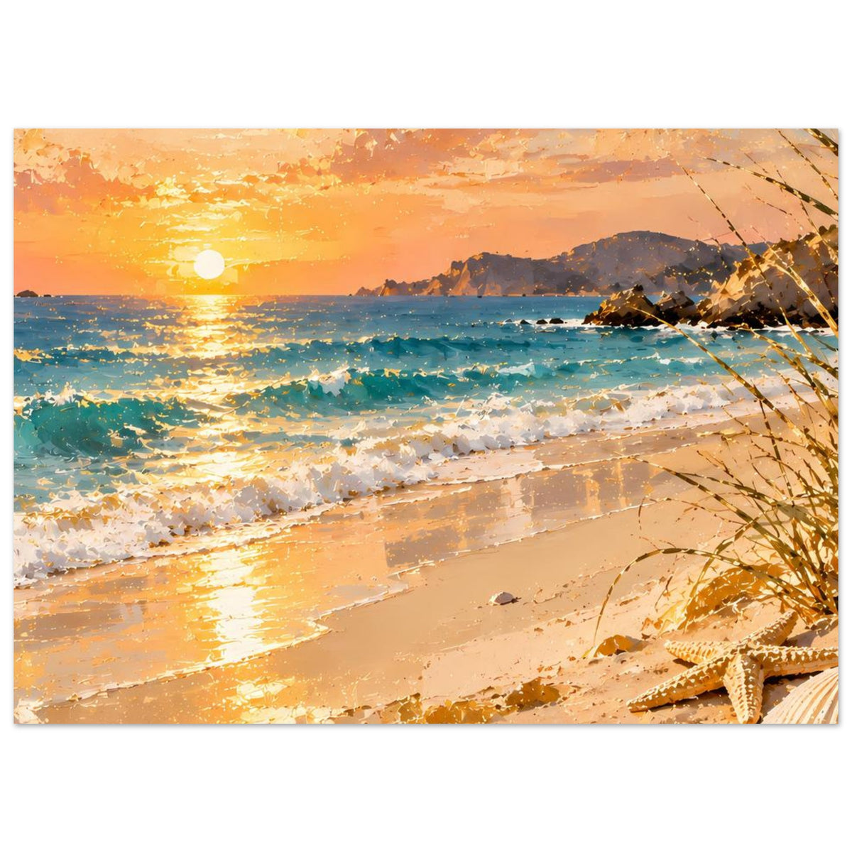 Horizontales Poster mit Strand-Sonnenuntergang: Sonne am Horizont, Wellen, Felsküste