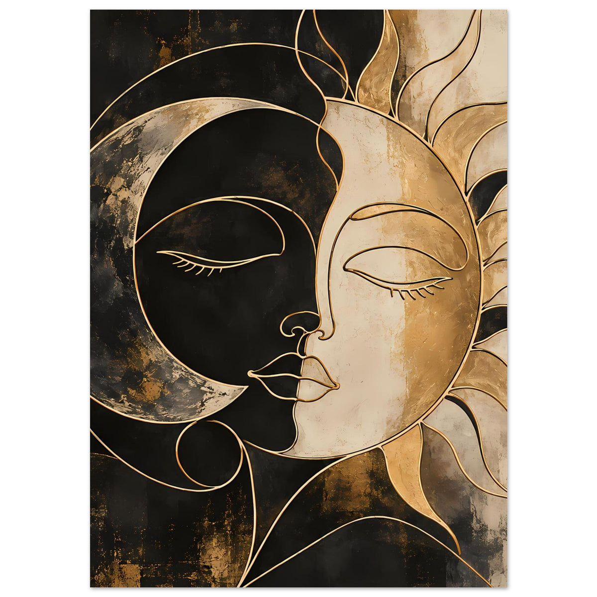 Kunstposter im Hochformat mit Halbmond- und Sonnengesicht, goldene Umrandungen und Linienornamenten