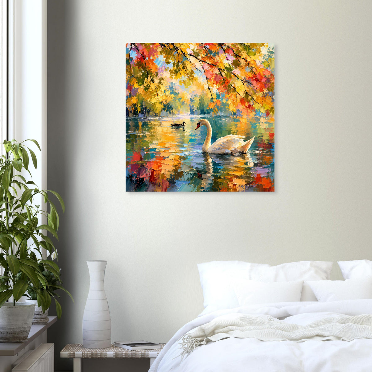 Schwanen-Poster in bunten Herbstfarben, mit Wasserreflexionen