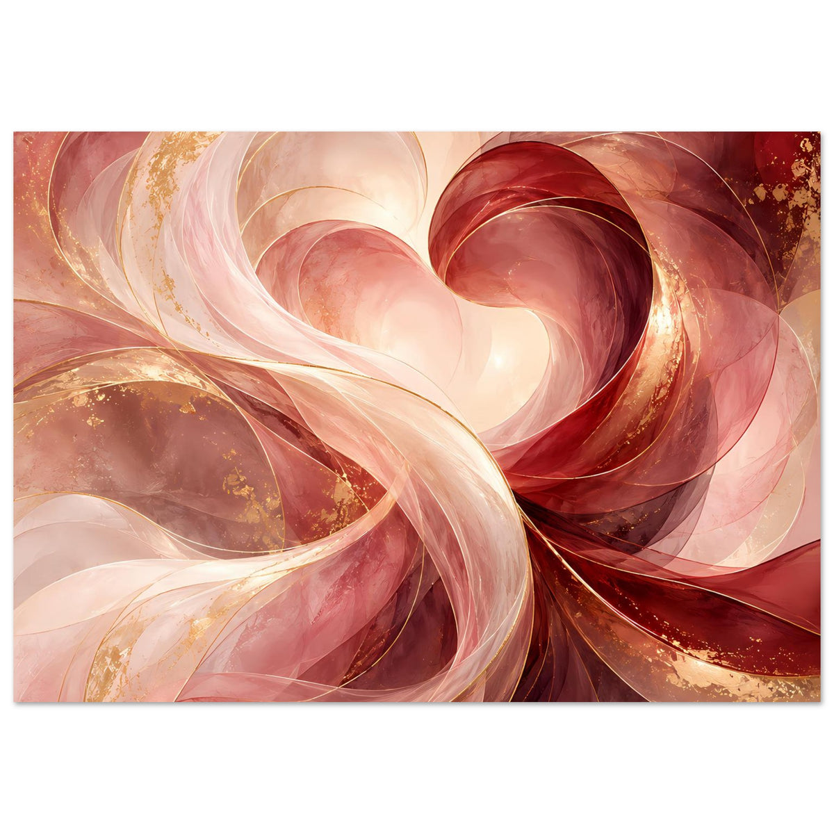 Poster mit abstraktem Herz in Rot, Creme und Gold, dekorative Goldspritzer