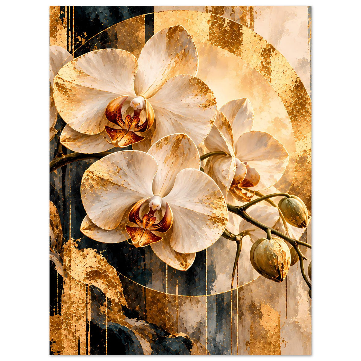 Orchideen-Kunstposter mit weißen Orchideenblüten, gold-cremigem Muster und braunem Rankenast