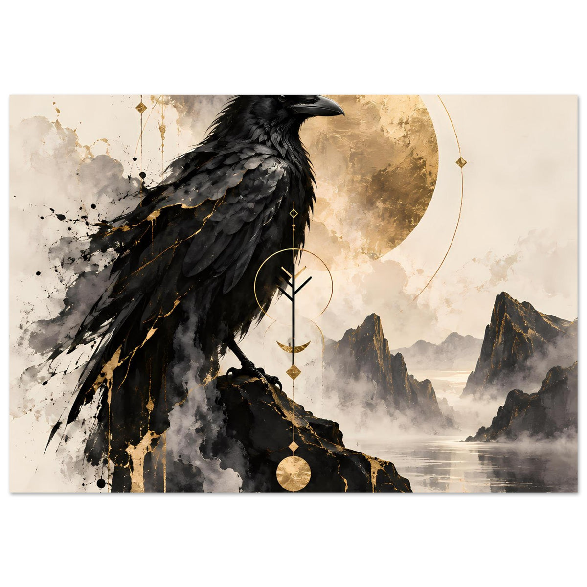 Raben-Vogelkunst-Poster: schwarzer Rabe mit goldenen Details, Panoramaformat