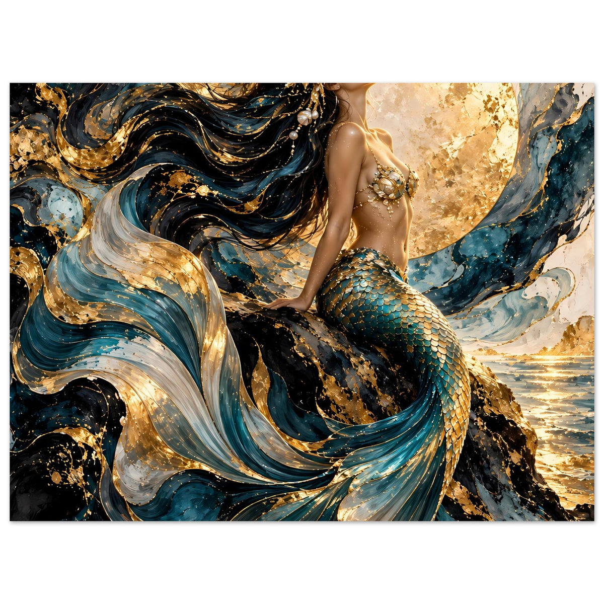 Querformat-Poster mit Meerjungfrau, goldener Vollmond, türkise Wasserwirbel