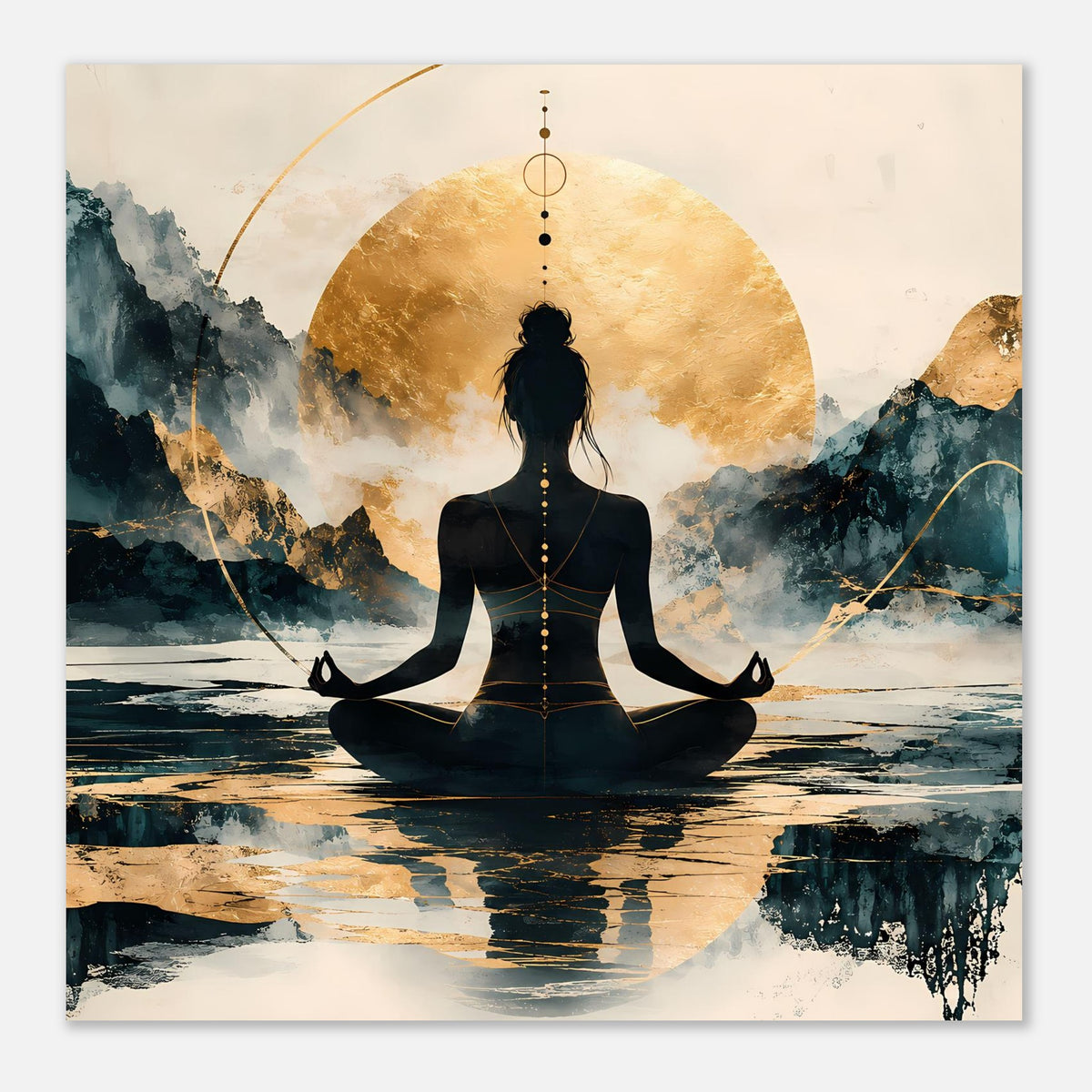 Meditatives Poster im Hochformat mit goldenen Linien, Meditationssilhouette und Landschaft