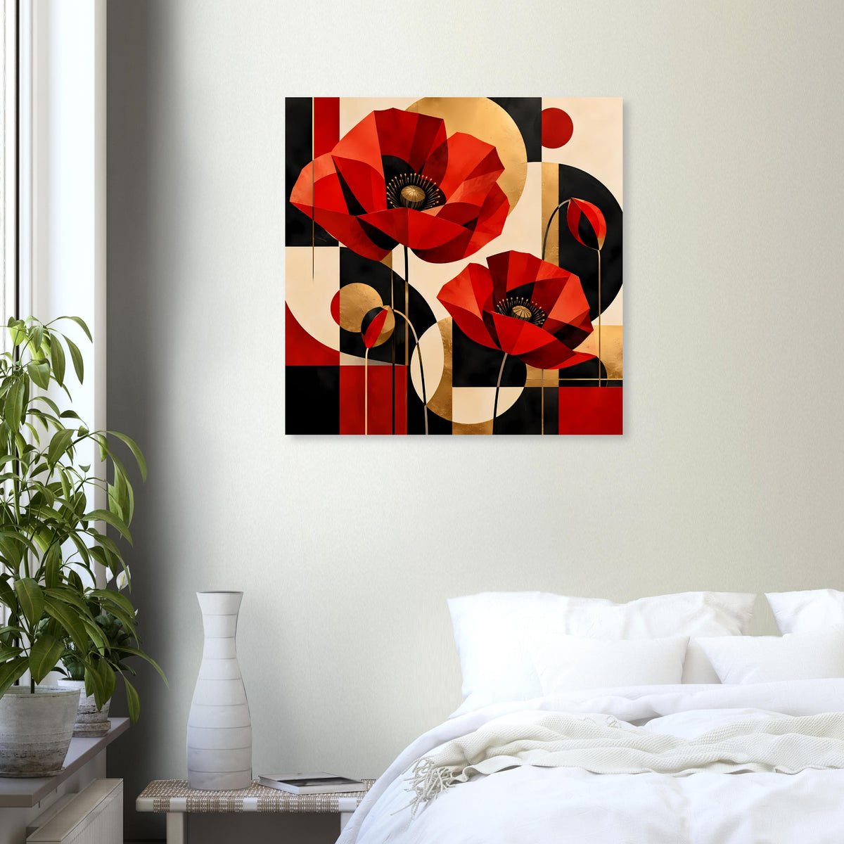 Kunstposter mit abstrakten roten Mohnblumen, goldbeigen Flächen und schwarzen Akzenten