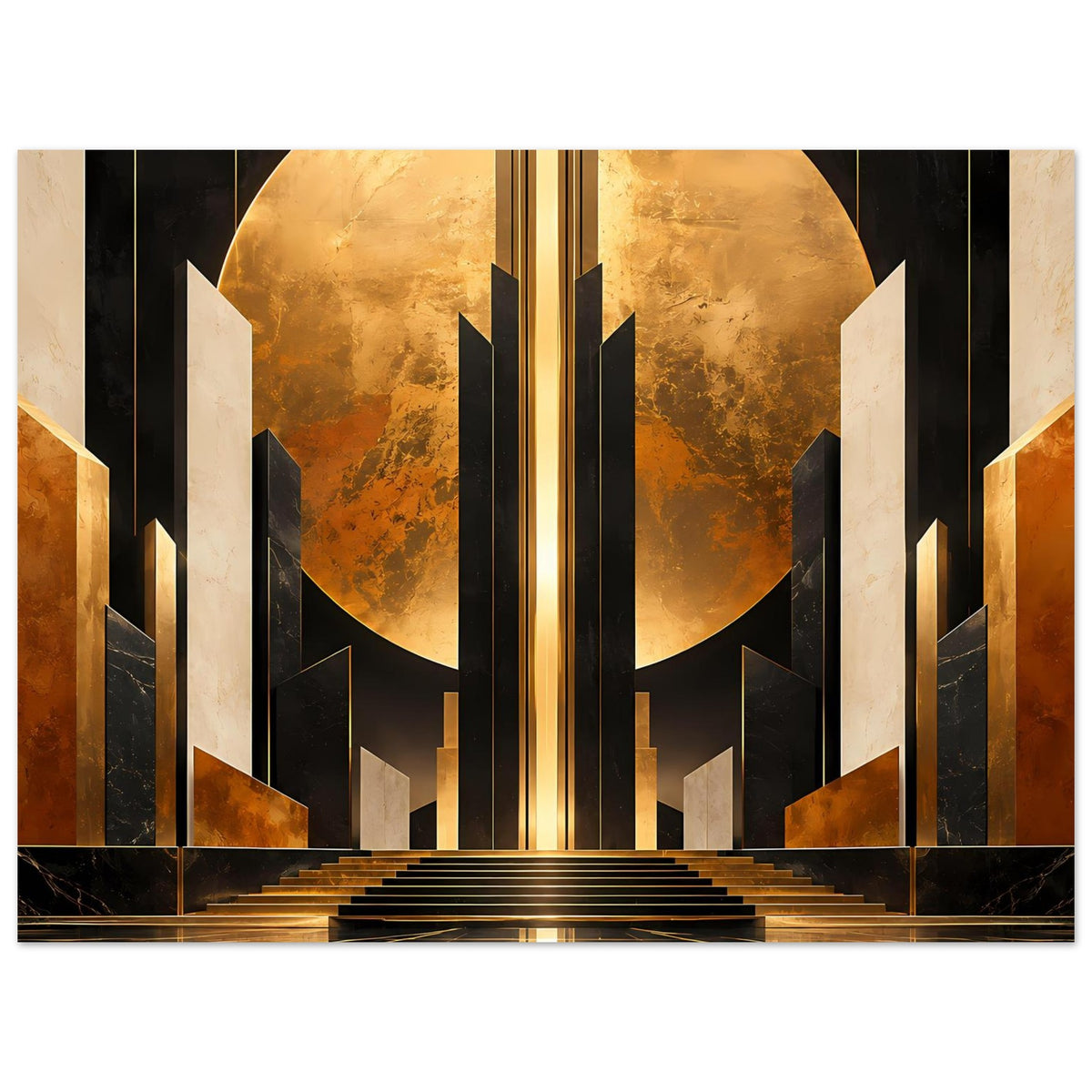 Art-Deco-Wandposter mit großem Kreisornament, goldenen Linien, Säulen und Stufen