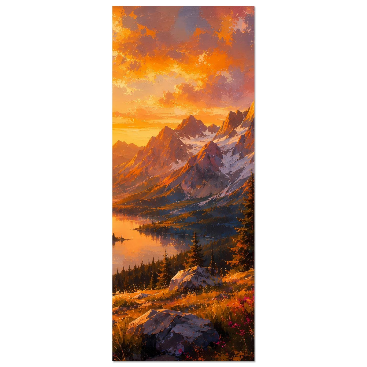Vertikales Poster mit Alpenlandschaft, Sonnenuntergang am Horizont und See im Tal