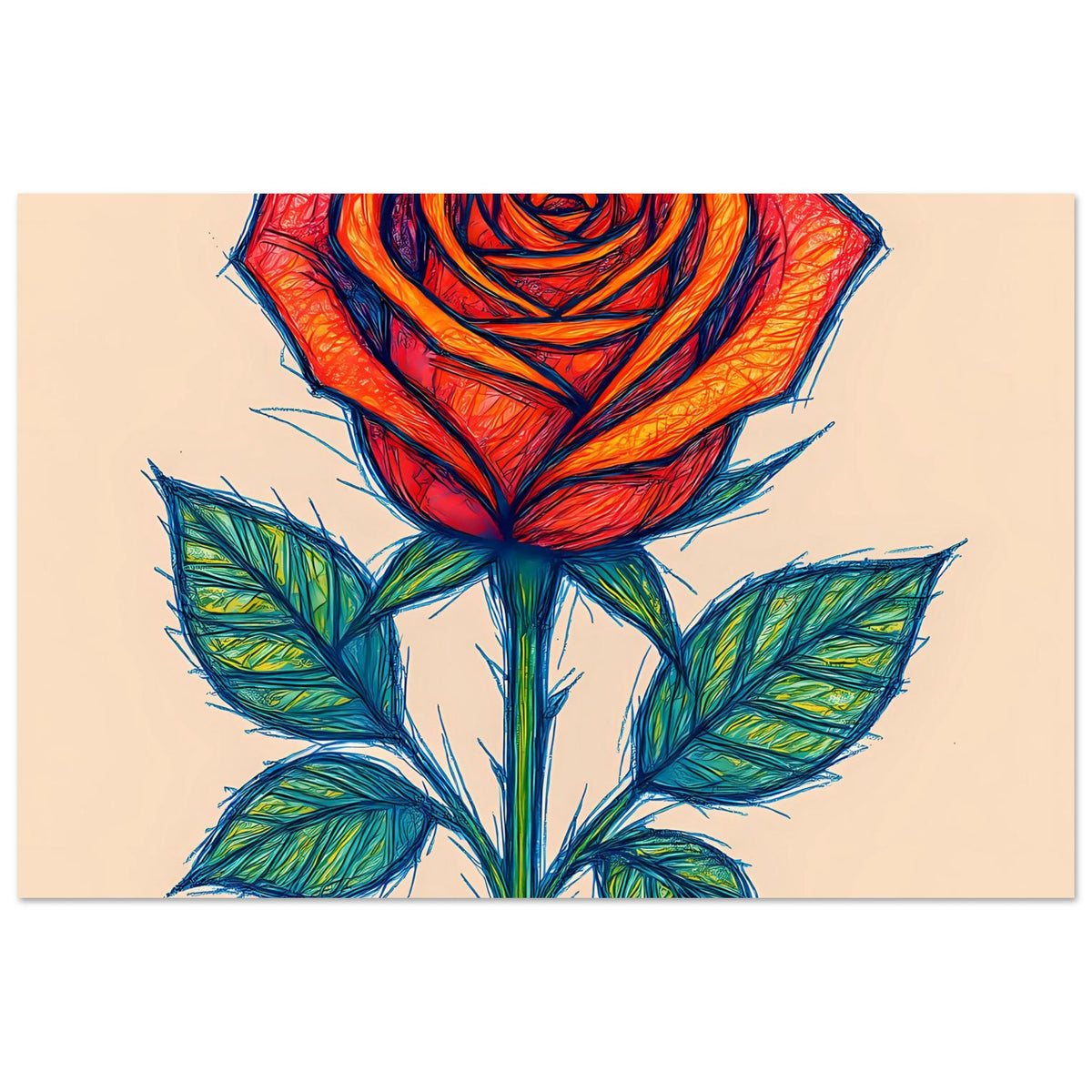 Poster mit roter Rosenblüte, grünen Blättern und Stiel im Skizzenstil
