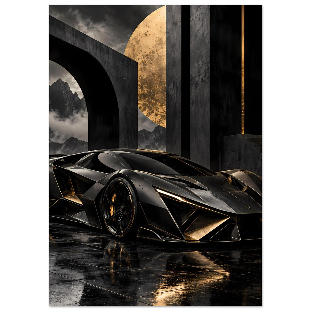 Autoposter mit futuristischem Supersportwagen in Schwarz mit goldenen Details, seitlich vorn