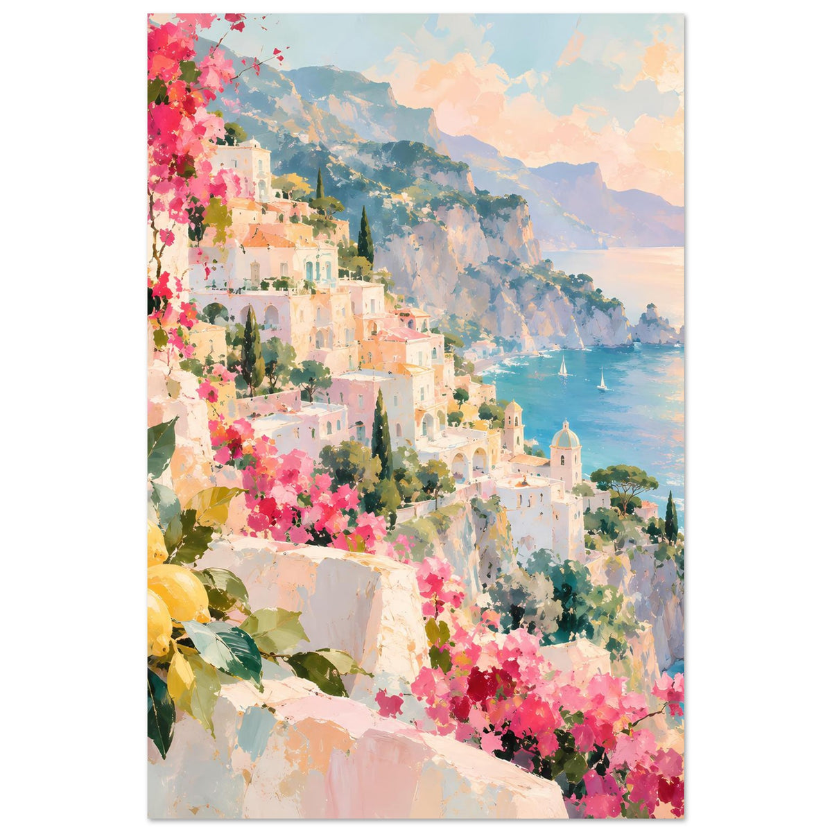 Hochformat-Poster mit mediterranem Dorf am Hang, Meer, Segelboote und rosa Blüten