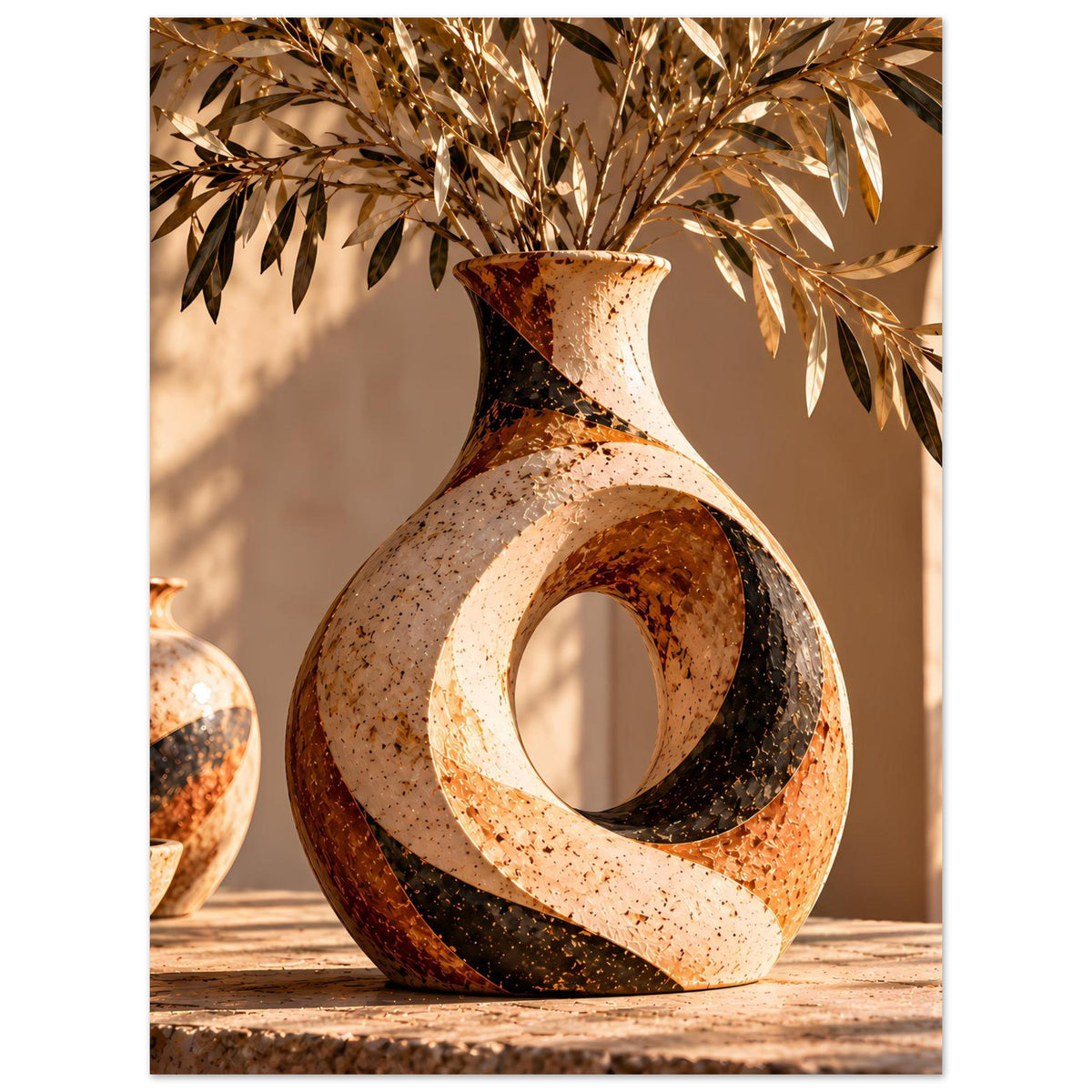 Gerahmter Kunstdruck: Keramikvase mit organischer Silhouette, ovaler Öffnung und Blattzweigen