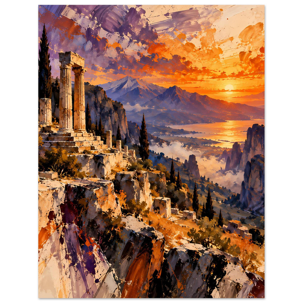 Poster mit antiken Ruinen, Blick in ein Tal mit Bergen und Sonnenuntergang
