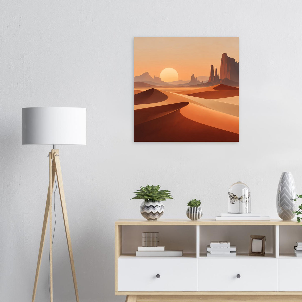 Quadratisches Poster mit Wüstenlandschaft in Orange und Sand, Sonne über Dünen, gerahmt