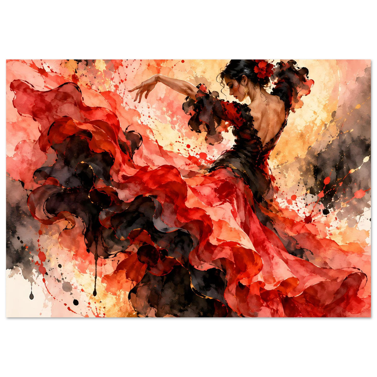 Flamenco-Tanzposter: Tänzerin in Rot und Schwarz mit wehenden Rüschen und erhobenen Armen