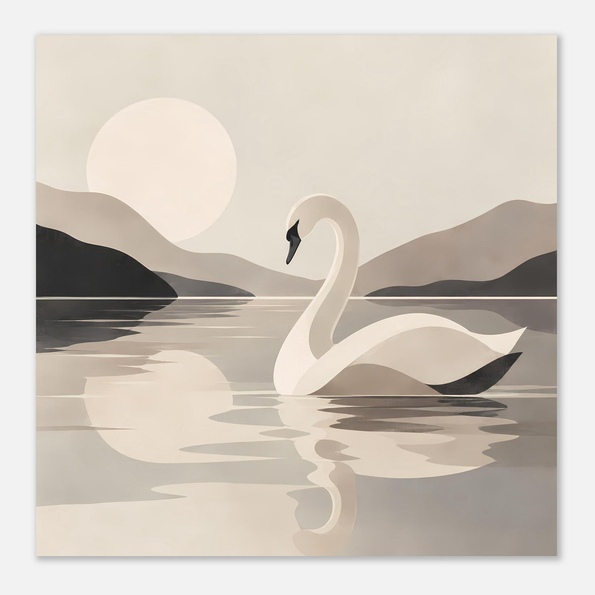 Wandposter im Querformat mit weißem Schwan, Uferformen und Wasserreflexen in Beigetönen und Dunkelgrau.