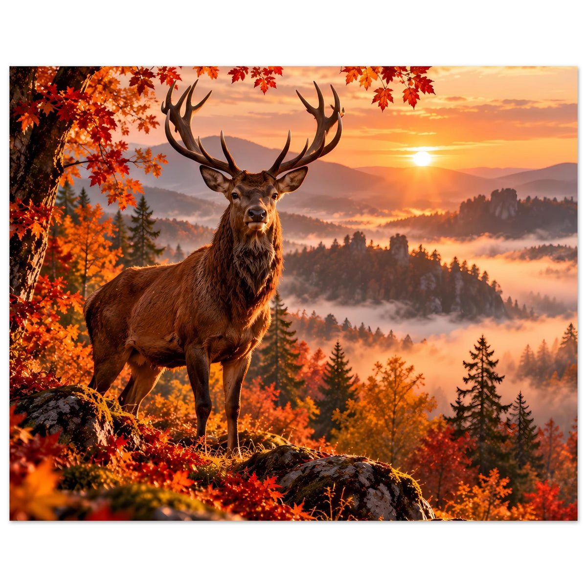 Hirschposter mit Geweih auf Felsen im Herbst, Sonnenuntergang und orangene Baumkronen