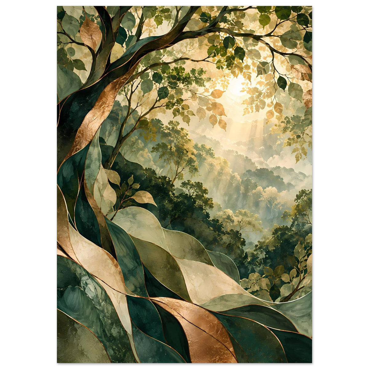 Naturposter mit Baumkrone oben, dichten Blättern und warmem Licht in Grün
