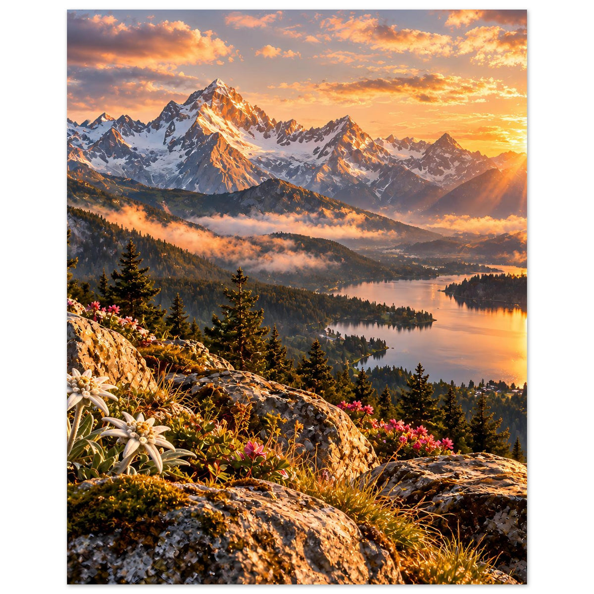Hochformat-Poster mit Berggipfeln, Abendwolken und See bei warmem Sonnenuntergang