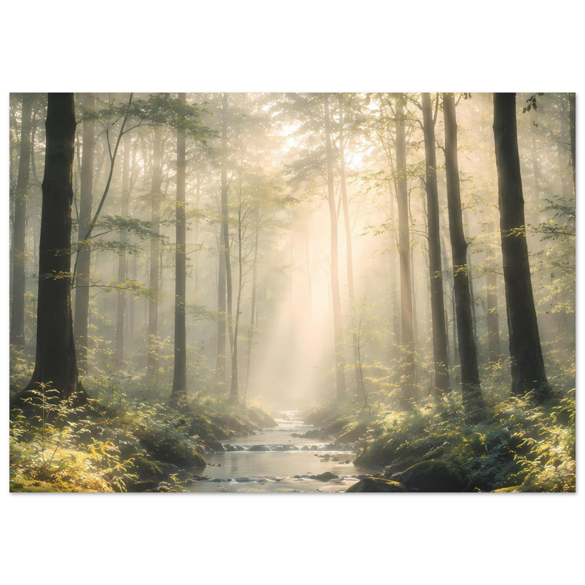Naturposter: durch Nebel ziehende Lichtstrahlen im Wald über ruhigem Bach